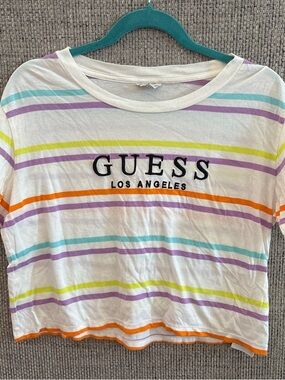 Guess White Crop Tee with Purple, Teal, Lime & Orange Stripes